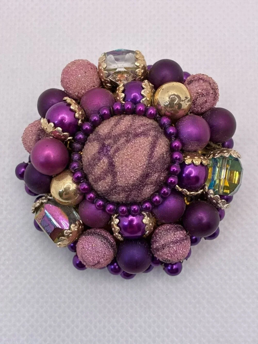 Vtg Japan Purple Brooch Sugar Beads Gold Accents & Faux Gemstones 2 In Diameter